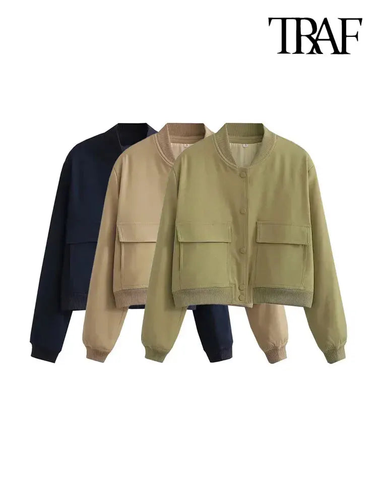 Women's Classic Button-Front Bomber Jacket with Pockets