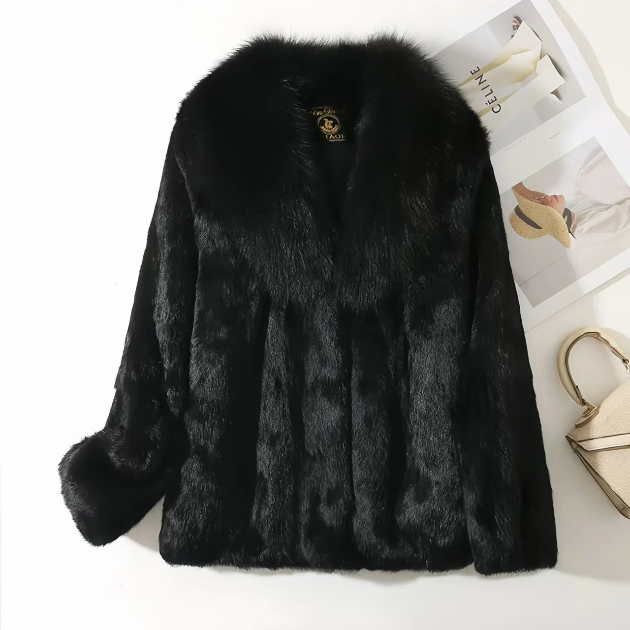 Luxury Real Rex Rabbit Fur Coat with Fox Fur Collar