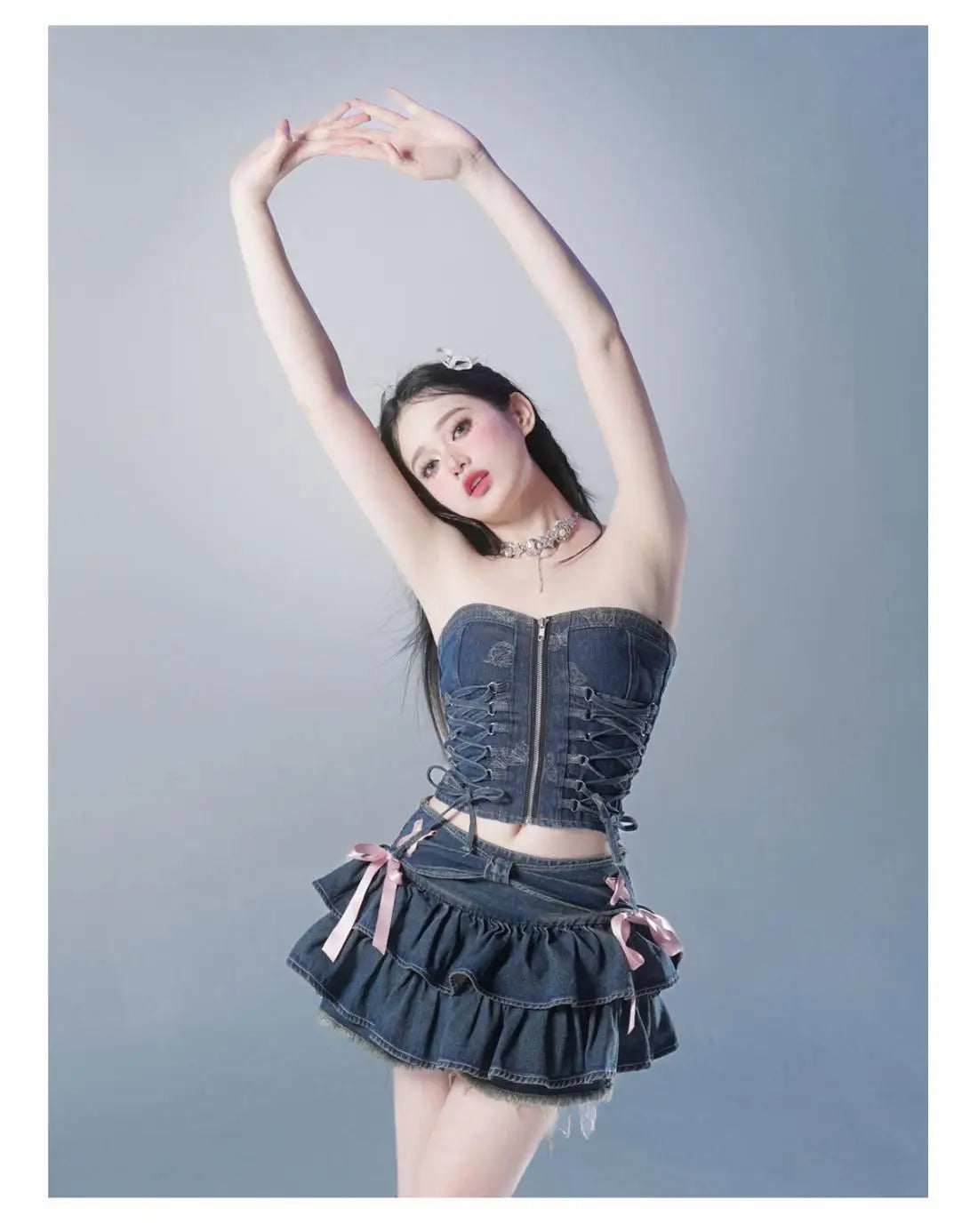 High-Waist A-Line Mini Denim Skirt with Bow Detail