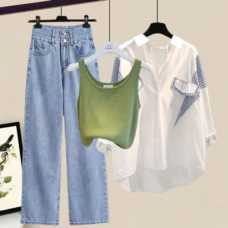 Elegant Cardigan and Wide-Leg Denim Pants Matching Set