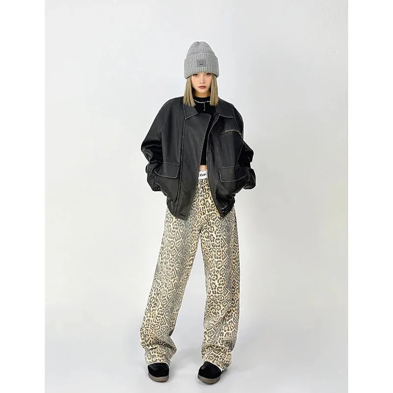 High-Waist Vintage Leopard Print Denim Jeans