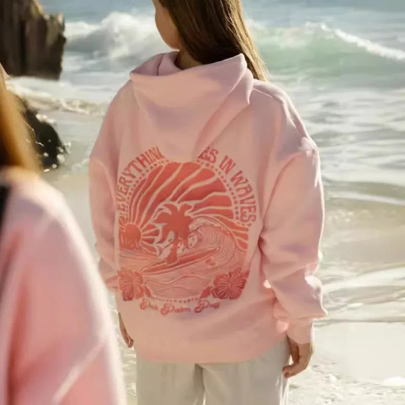 Women's Pink Palm Embroidered Fleece Hoodie