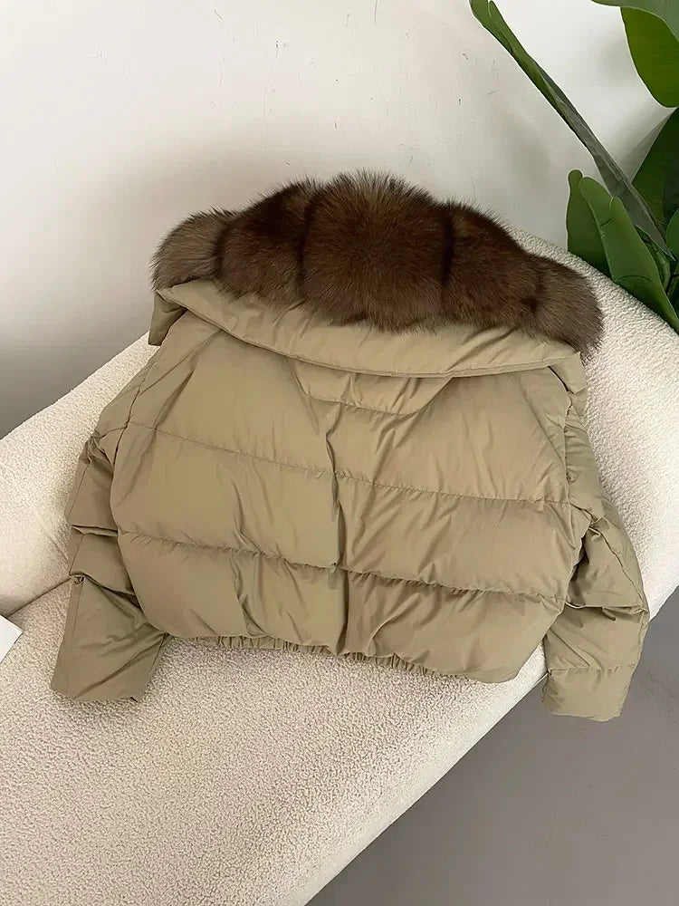 Luxury Women's Short Puffer Jacket with Natural Fox Fur Collar