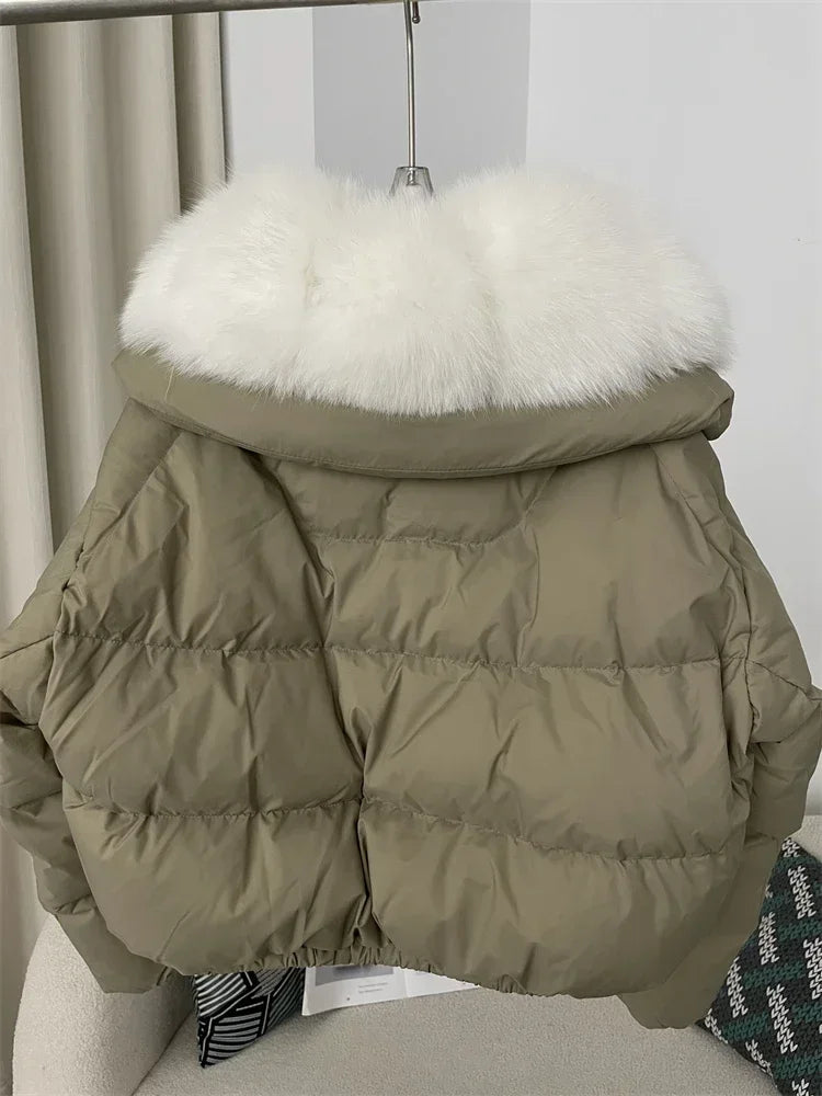 Luxury Women's Short Puffer Jacket with Natural Fox Fur Collar