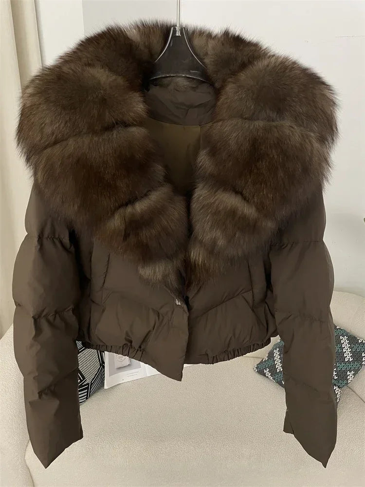 Luxury Women's Short Puffer Jacket with Natural Fox Fur Collar