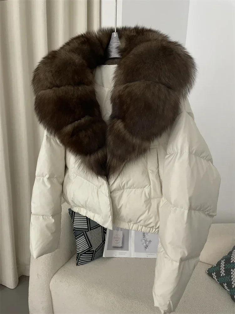 Luxury Women's Short Puffer Jacket with Natural Fox Fur Collar