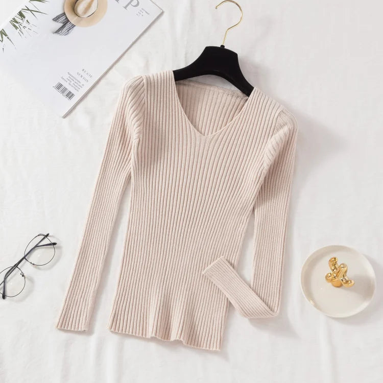 Women's Long Sleeve Knitted V Neck Pullover Sweater