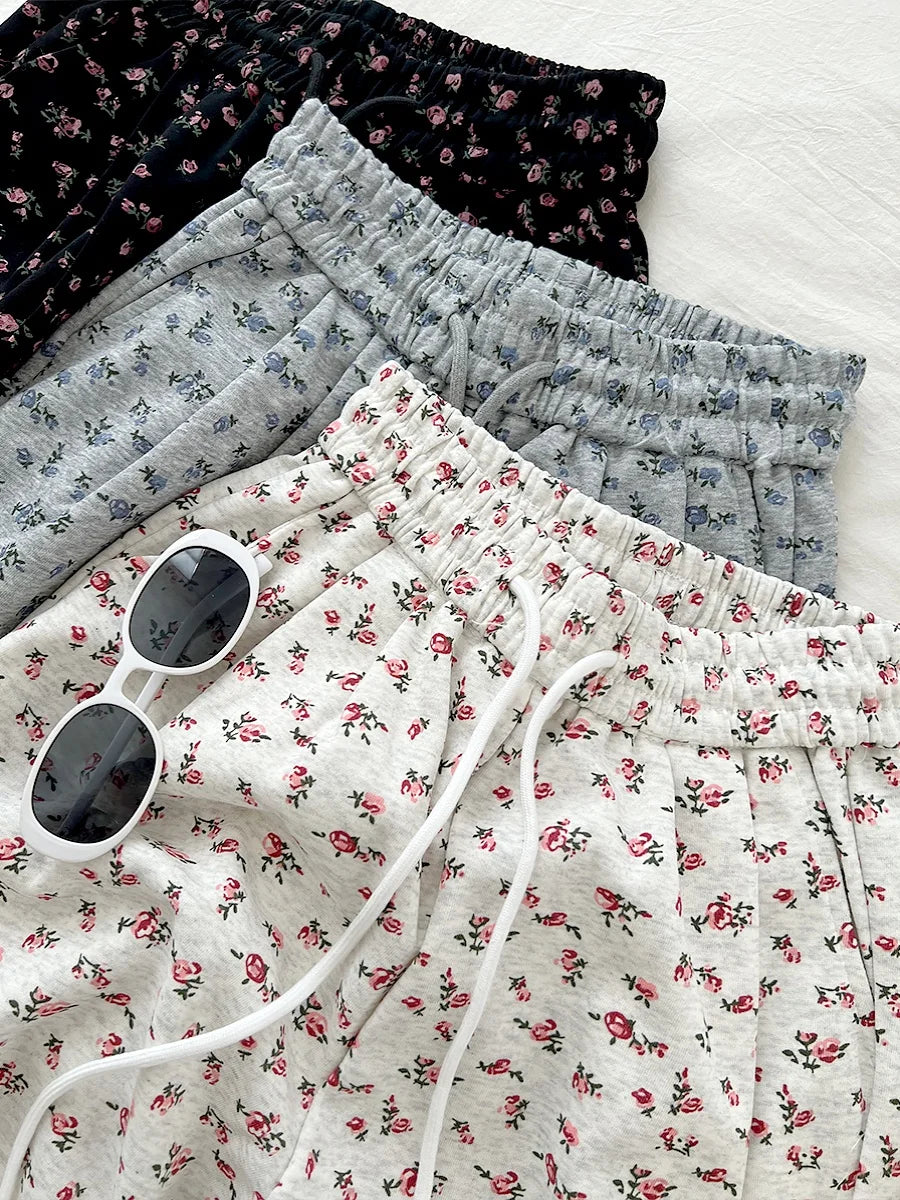 American High Street Sle Loose Fit Floral Wide Leg Casual Pants Elastic Waist Drapey Long Trousers for Women
