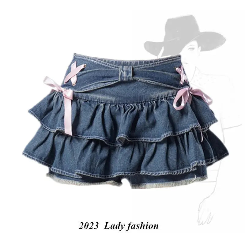 High-Waist A-Line Mini Denim Skirt with Bow Detail