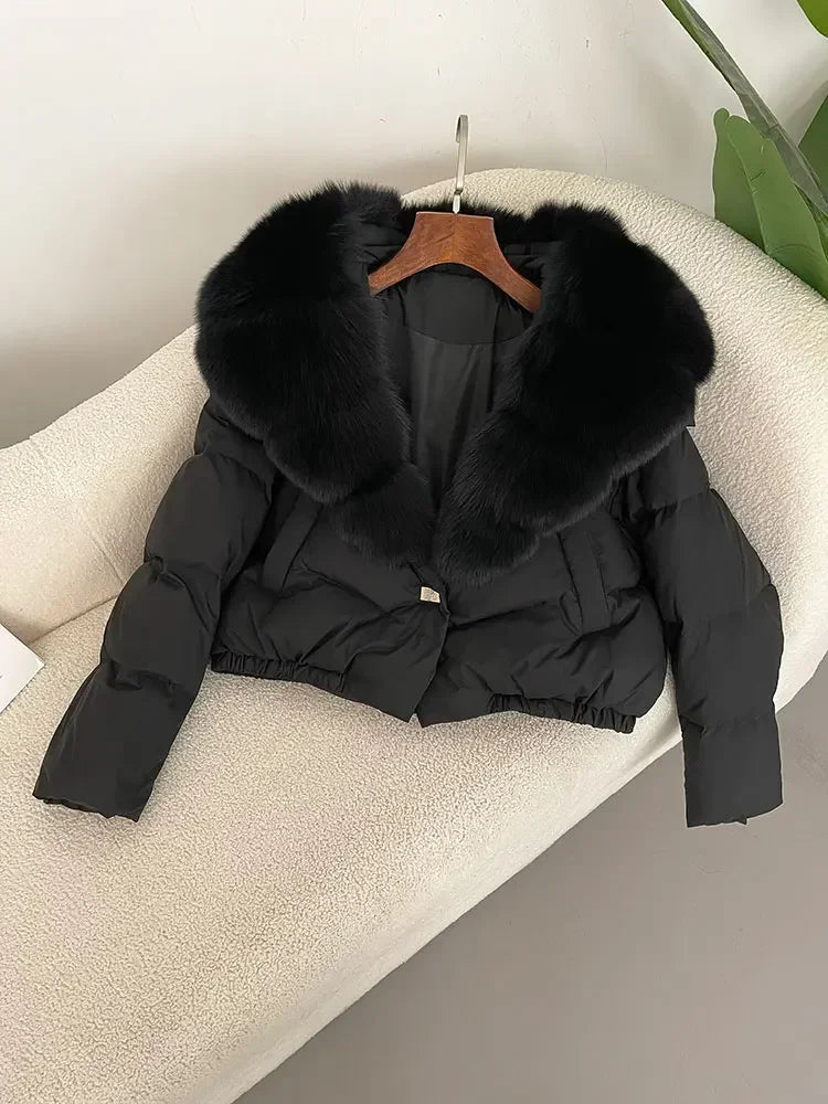Luxury Women's Short Puffer Jacket with Natural Fox Fur Collar