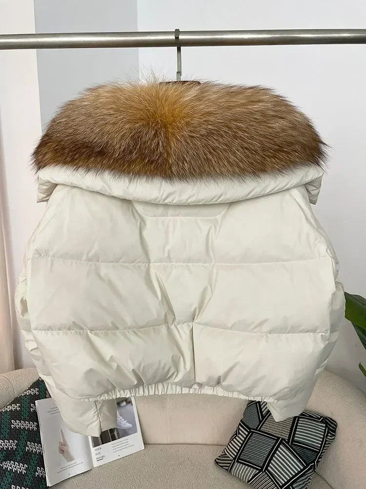 Luxury Women's Short Puffer Jacket with Natural Fox Fur Collar