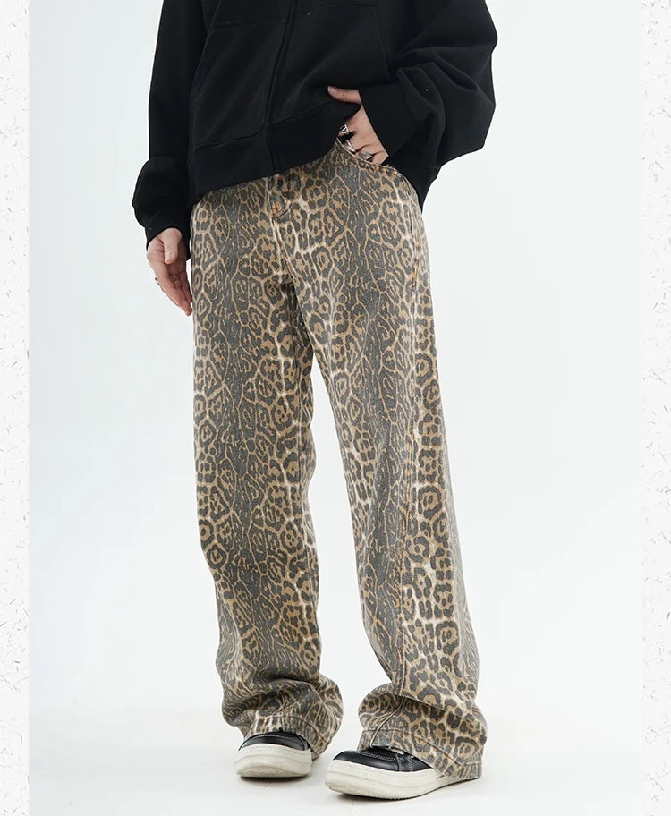High-Waist Vintage Leopard Print Denim Jeans