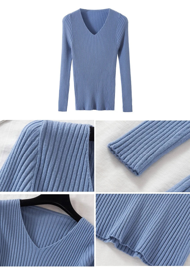 Women's Long Sleeve Knitted V Neck Pullover Sweater