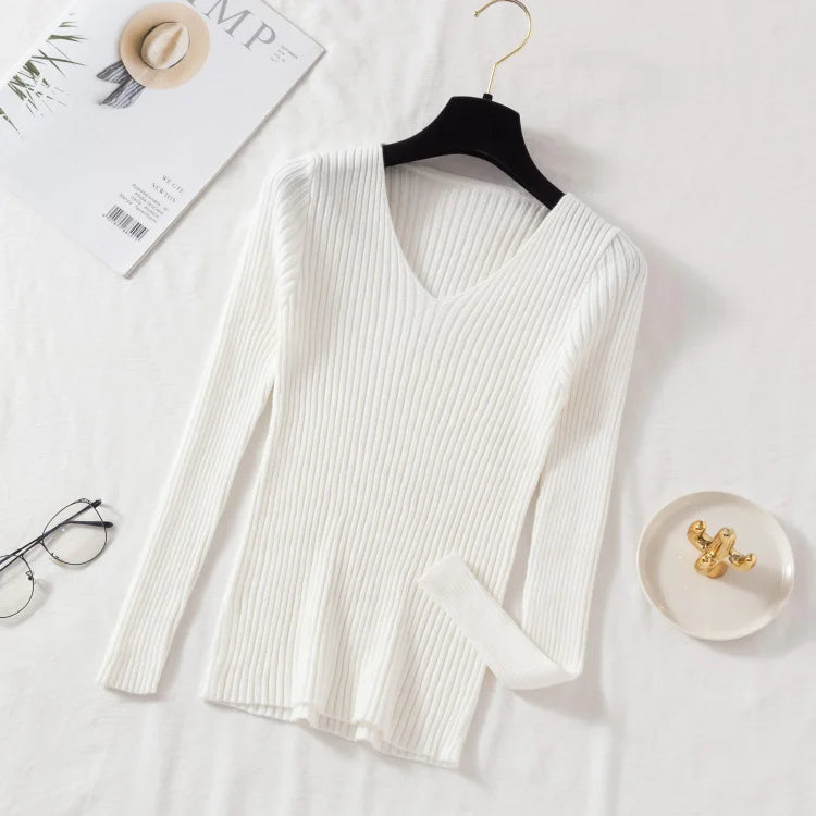 Women's Long Sleeve Knitted V Neck Pullover Sweater