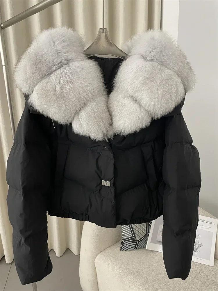 Luxury Women's Short Puffer Jacket with Natural Fox Fur Collar