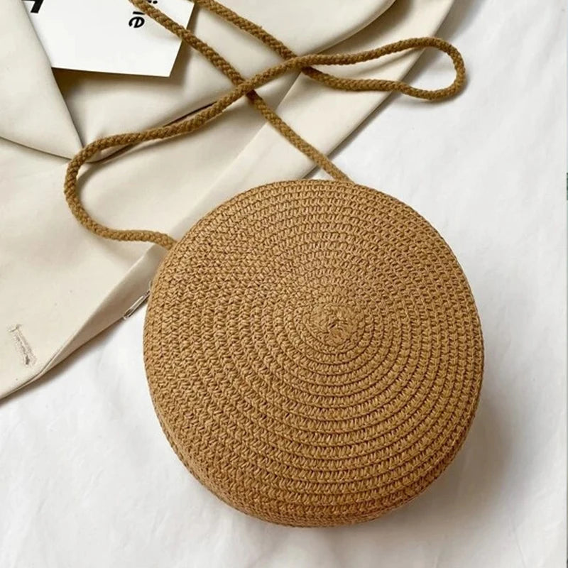 Handwoven Round Straw Crossbody Bag