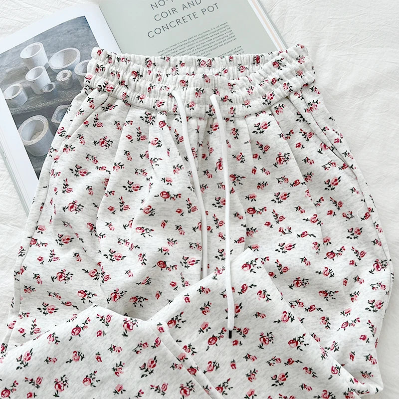 American High Street Sle Loose Fit Floral Wide Leg Casual Pants Elastic Waist Drapey Long Trousers for Women