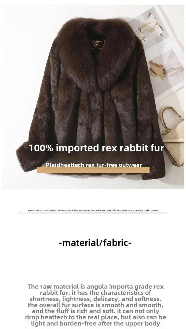 Luxury Real Rex Rabbit Fur Coat with Fox Fur Collar