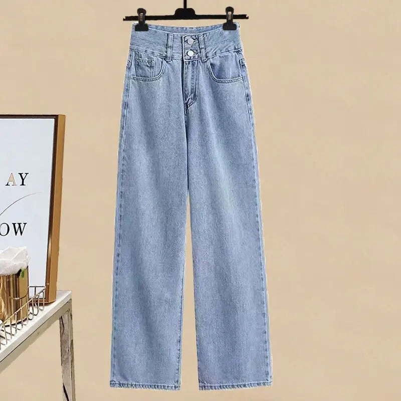 Elegant Cardigan and Wide-Leg Denim Pants Matching Set
