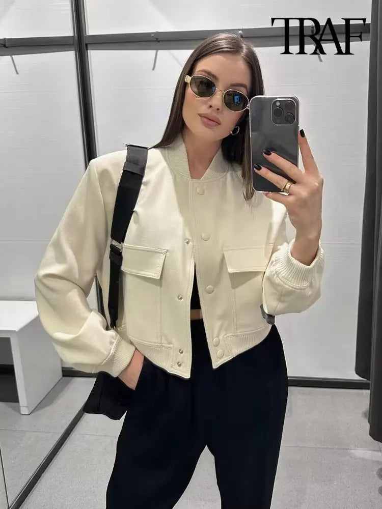 Women's Classic Button-Front Bomber Jacket with Pockets