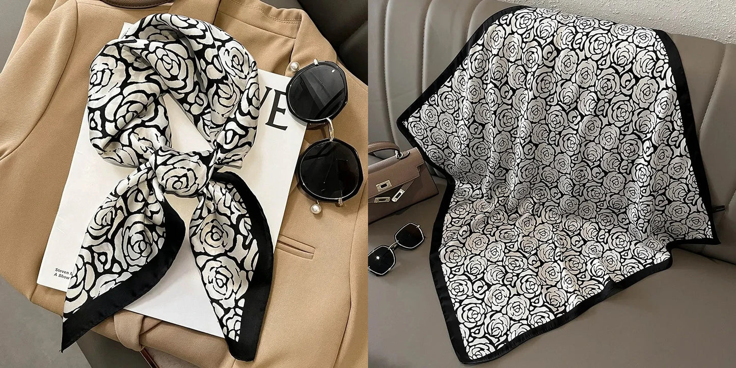 Elegant Floral Silk-Feel Square Scarf - 60-80cm Versatile Women's Neck Scarf