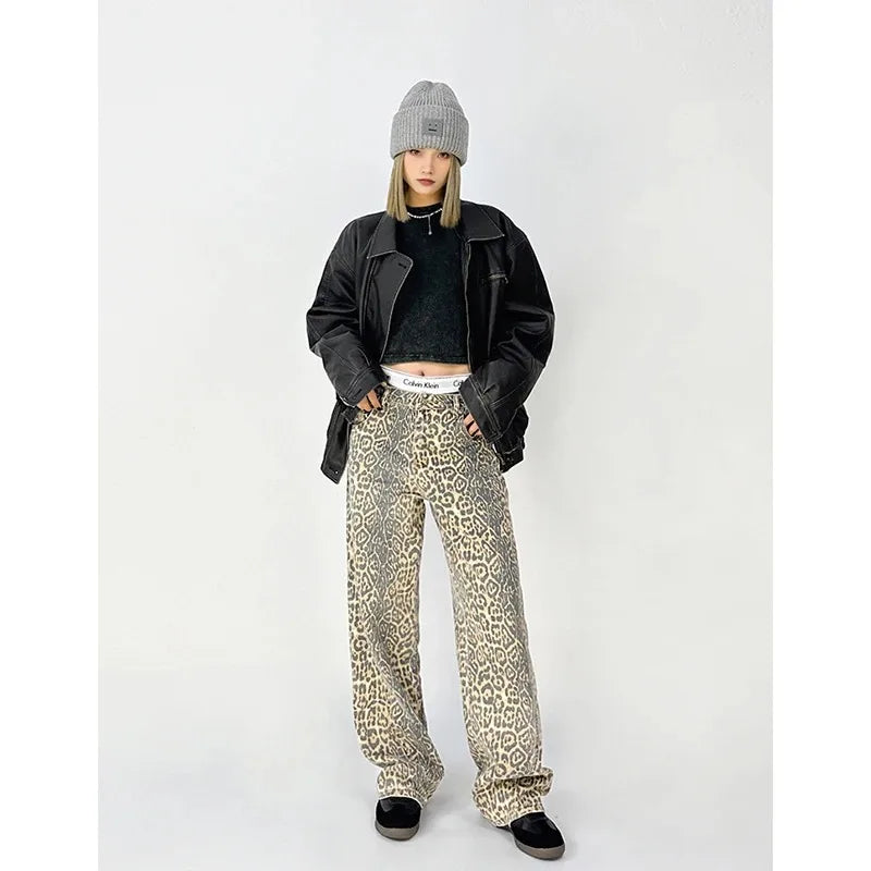 High-Waist Vintage Leopard Print Denim Jeans