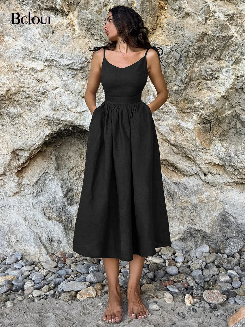 Elegant Lace-Up A-Line Dress with Pockets