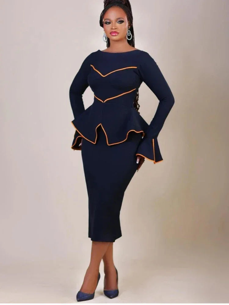 Elegant Round Neck Ruffle Edge Long Sleeved Dress