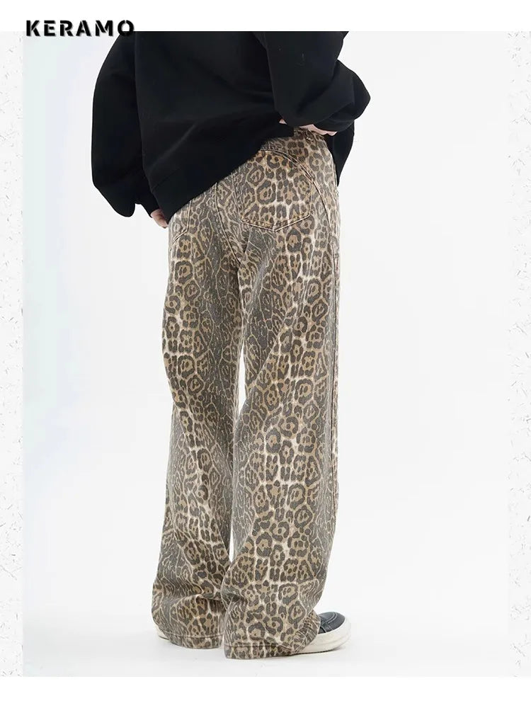 High-Waist Vintage Leopard Print Denim Jeans