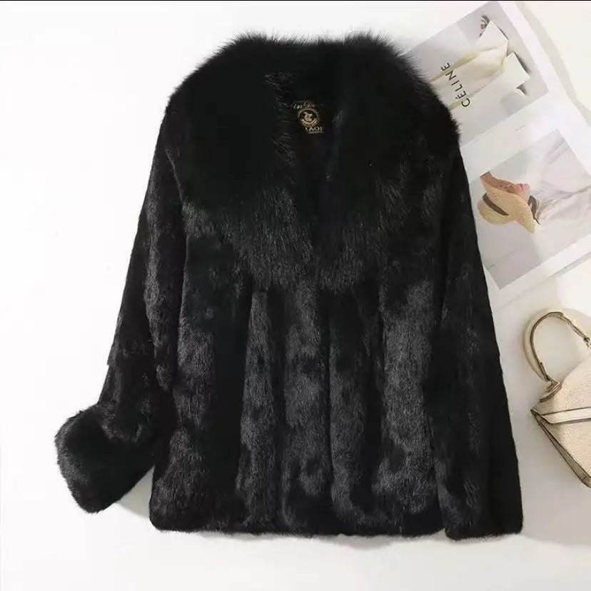 Luxury Real Rex Rabbit Fur Coat with Fox Fur Collar