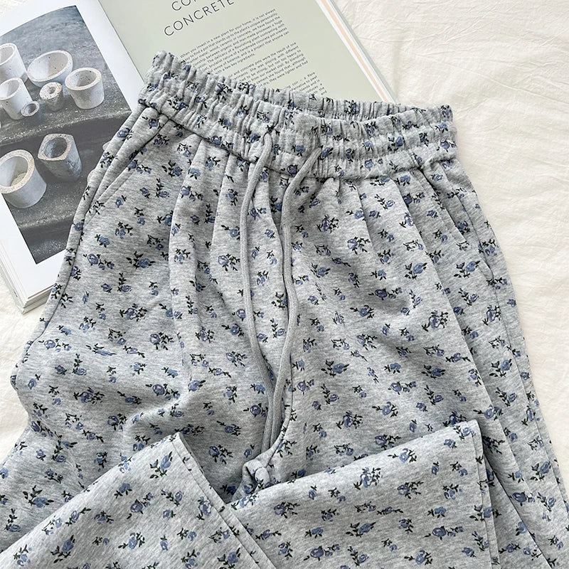 American High Street Sle Loose Fit Floral Wide Leg Casual Pants Elastic Waist Drapey Long Trousers for Women