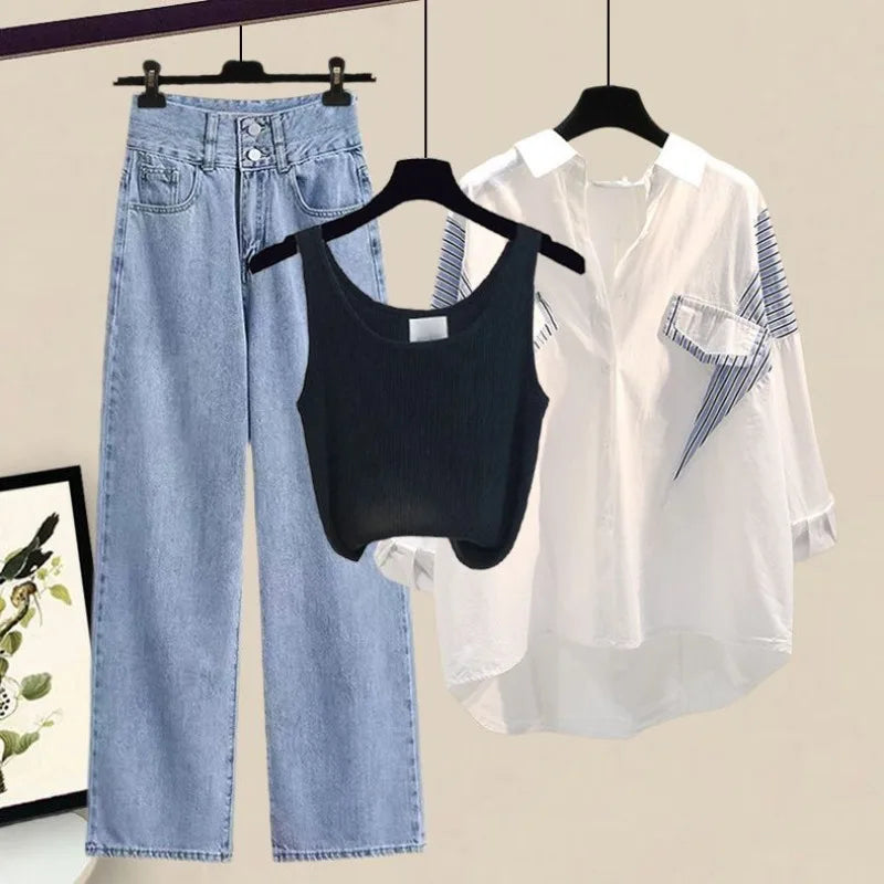Elegant Cardigan and Wide-Leg Denim Pants Matching Set