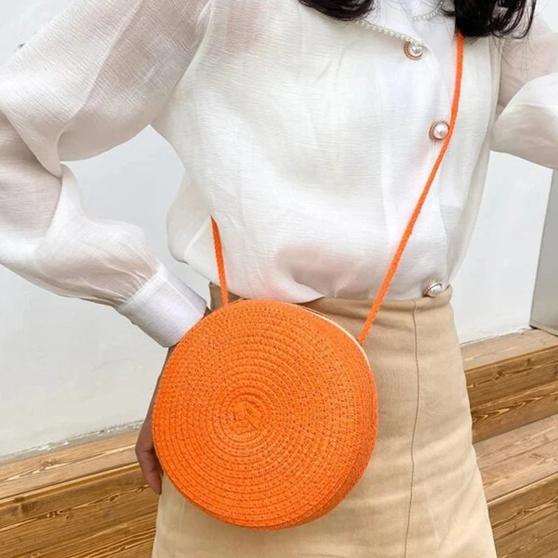 Handwoven Round Straw Crossbody Bag