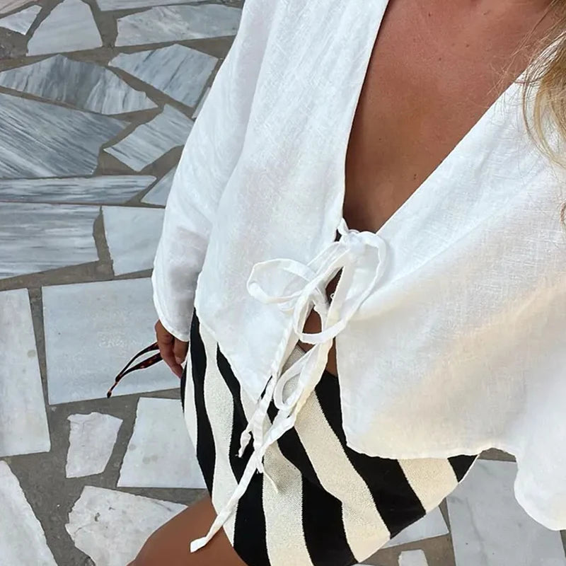 Elegant V-Neck Cotton Linen Blouse