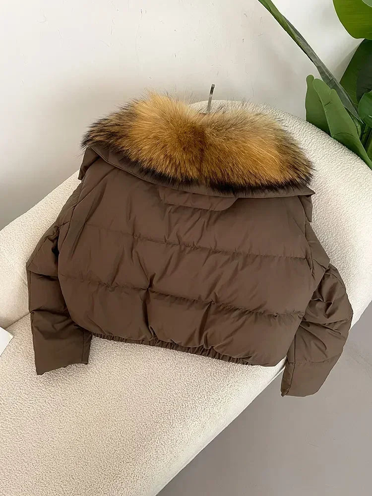 Luxury Women's Short Puffer Jacket with Natural Fox Fur Collar