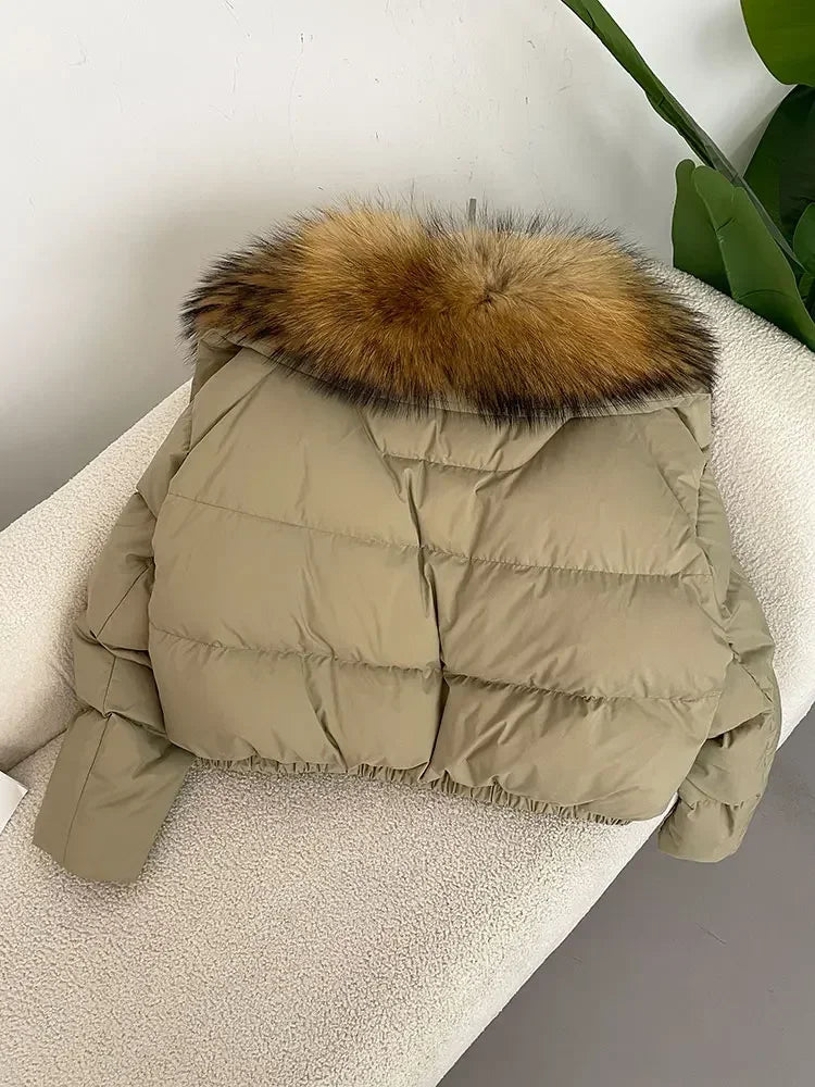 Luxury Women's Short Puffer Jacket with Natural Fox Fur Collar