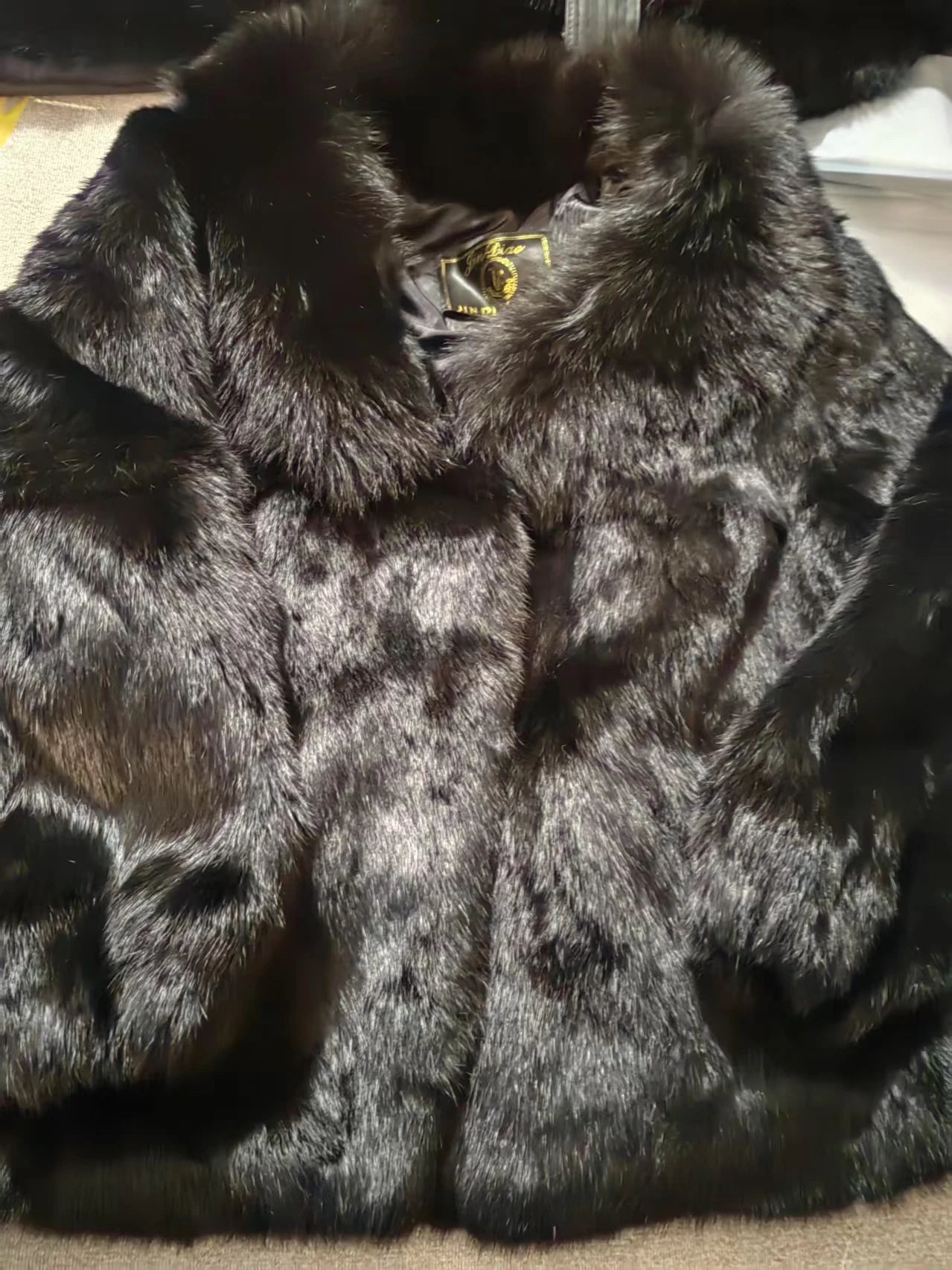 Luxury Real Rex Rabbit Fur Coat with Fox Fur Collar