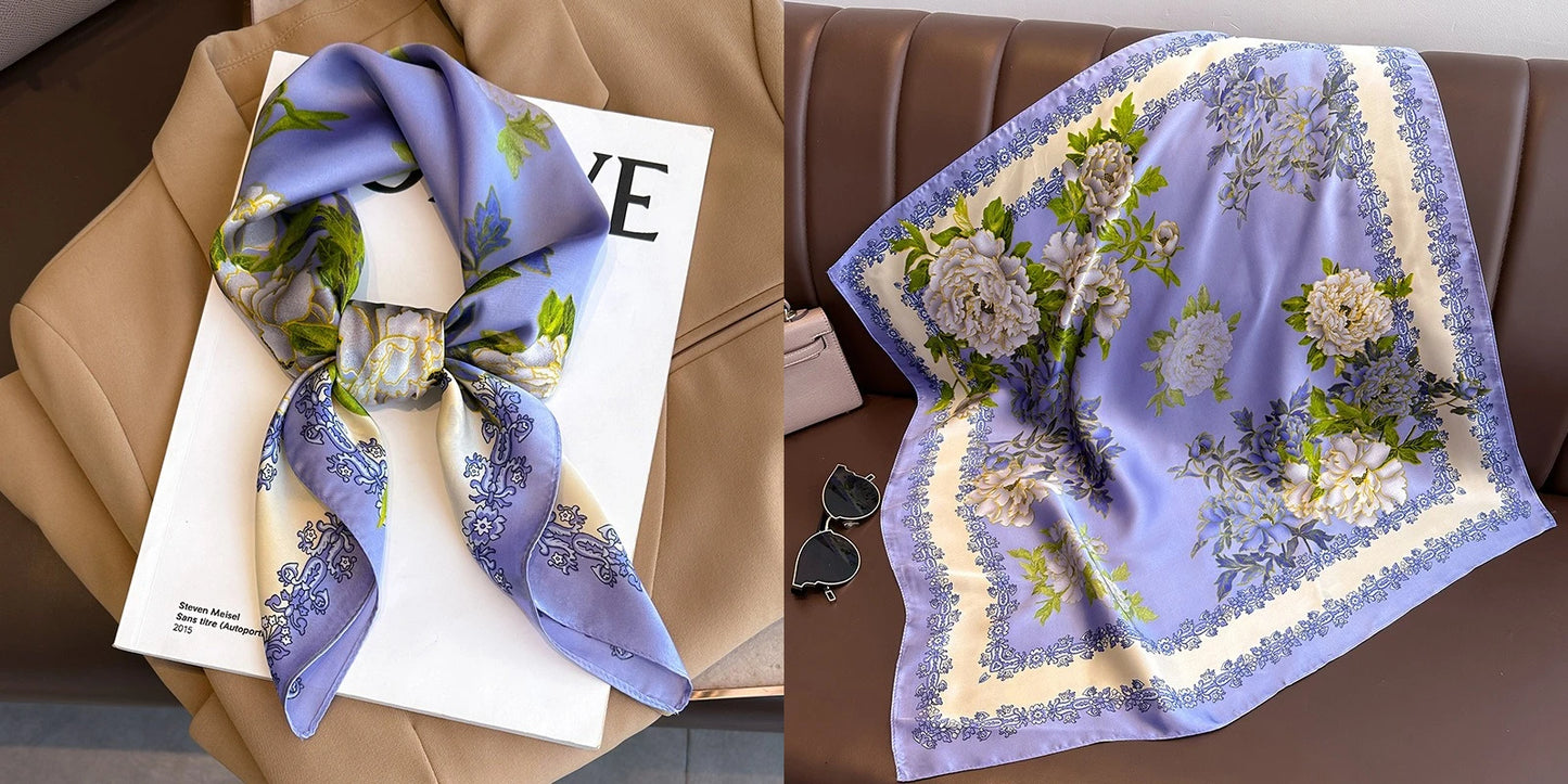 Elegant Floral Silk-Feel Square Scarf - 60-80cm Versatile Women's Neck Scarf