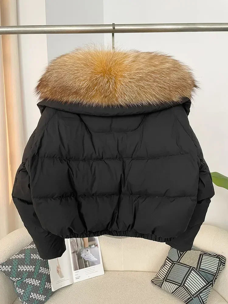 Luxury Women's Short Puffer Jacket with Natural Fox Fur Collar