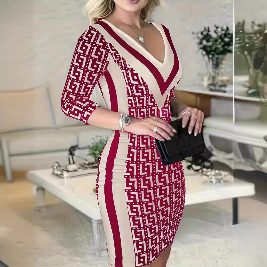 V-Neck Geometric Pattern Summer Wrap Dress