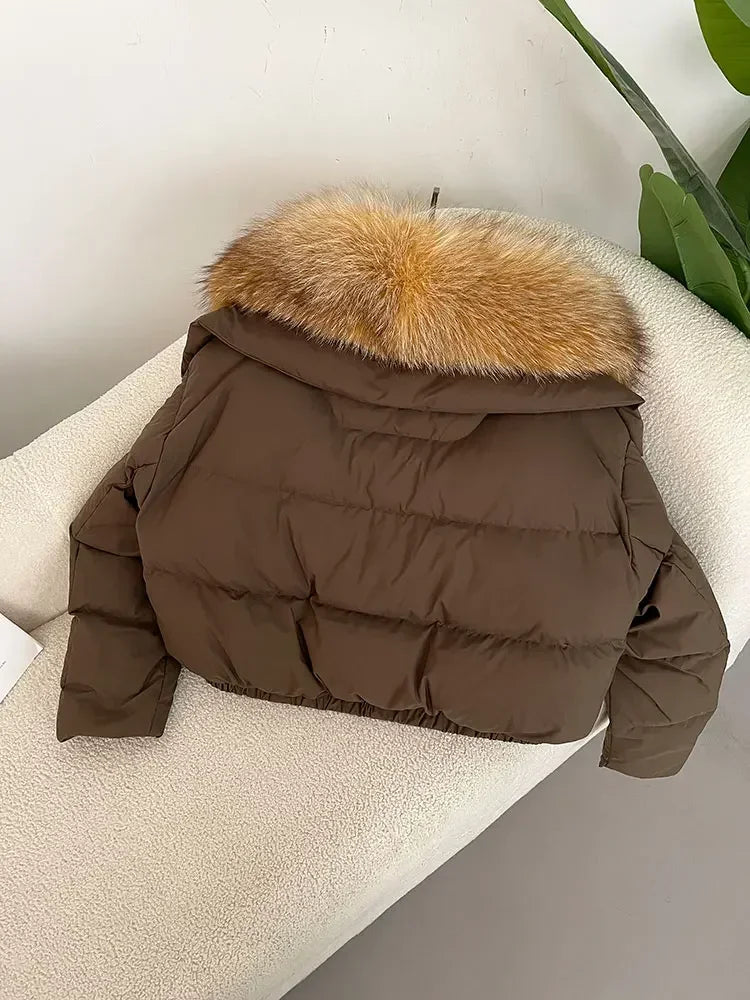 Luxury Women's Short Puffer Jacket with Natural Fox Fur Collar