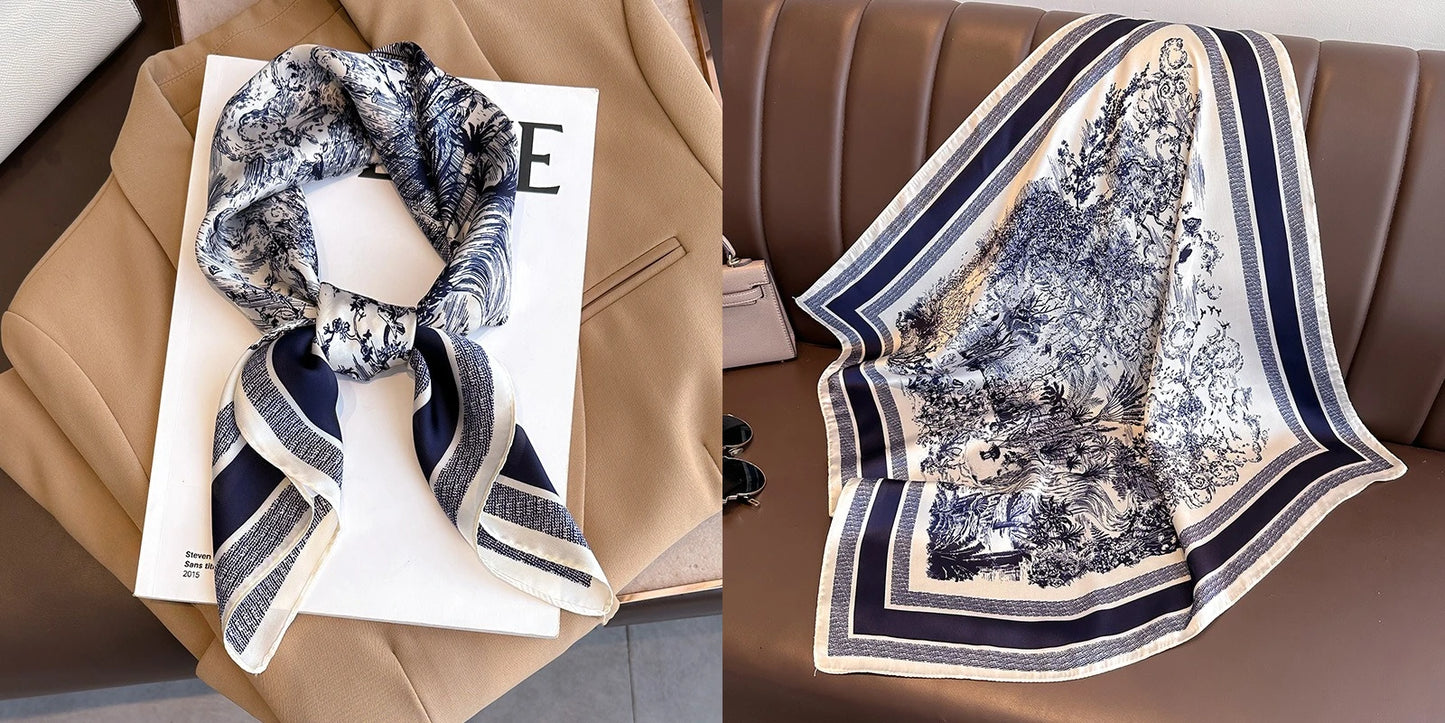 Elegant Floral Silk-Feel Square Scarf - 60-80cm Versatile Women's Neck Scarf