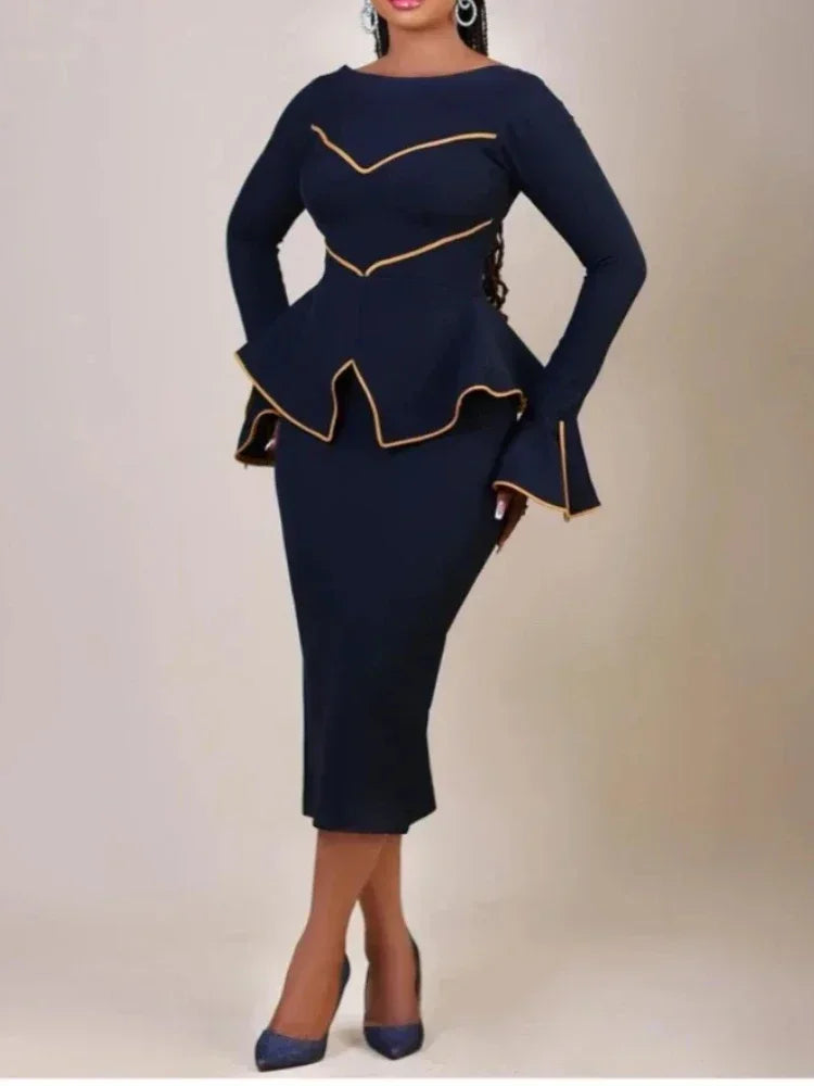 Elegant Round Neck Ruffle Edge Long Sleeved Dress