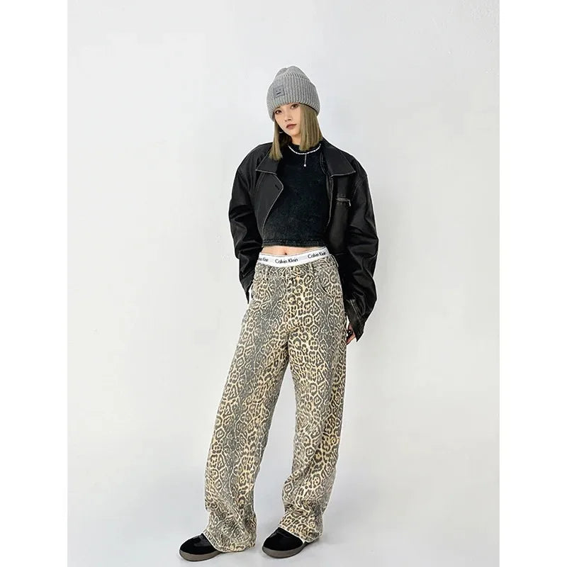 High-Waist Vintage Leopard Print Denim Jeans