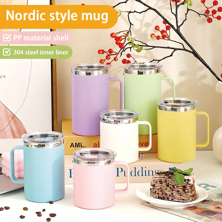 1pc Insulated Coffee Mug Cup With Handle Stainless Steel Travel Coffee Mug With Flip Lid Double Wall Vacuum Coffee Tumbler Gift