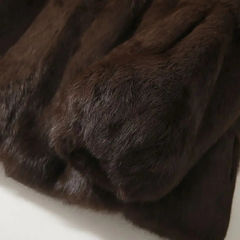 Luxury Real Rex Rabbit Fur Coat with Fox Fur Collar