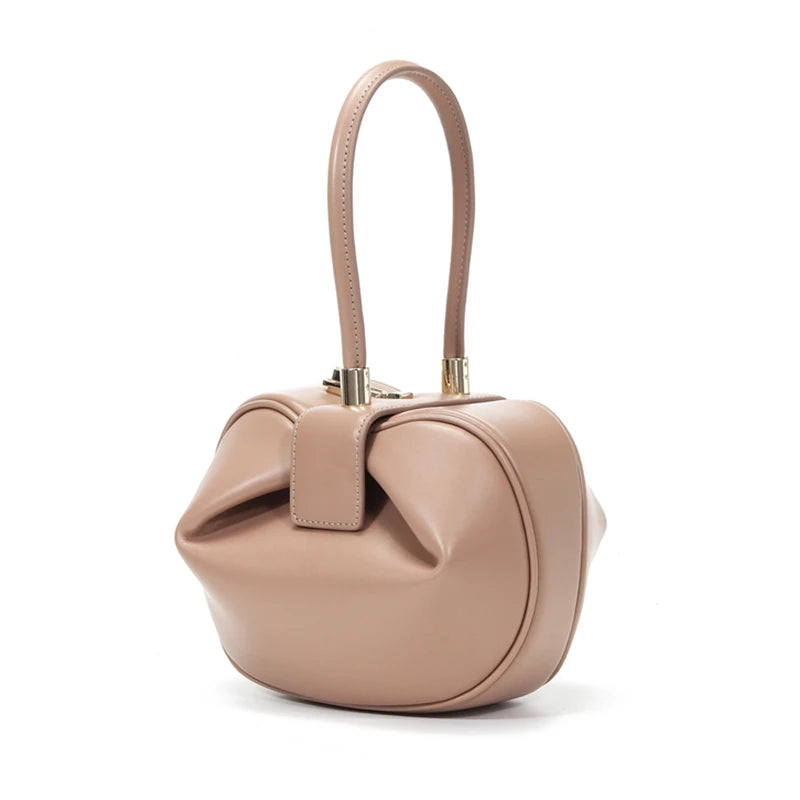 Burminsa Cowhide Genuine Leather Spherical Small Tote Bag For Women 2025 Trend Designer Evening Purse Top Handle Ladies Handbags