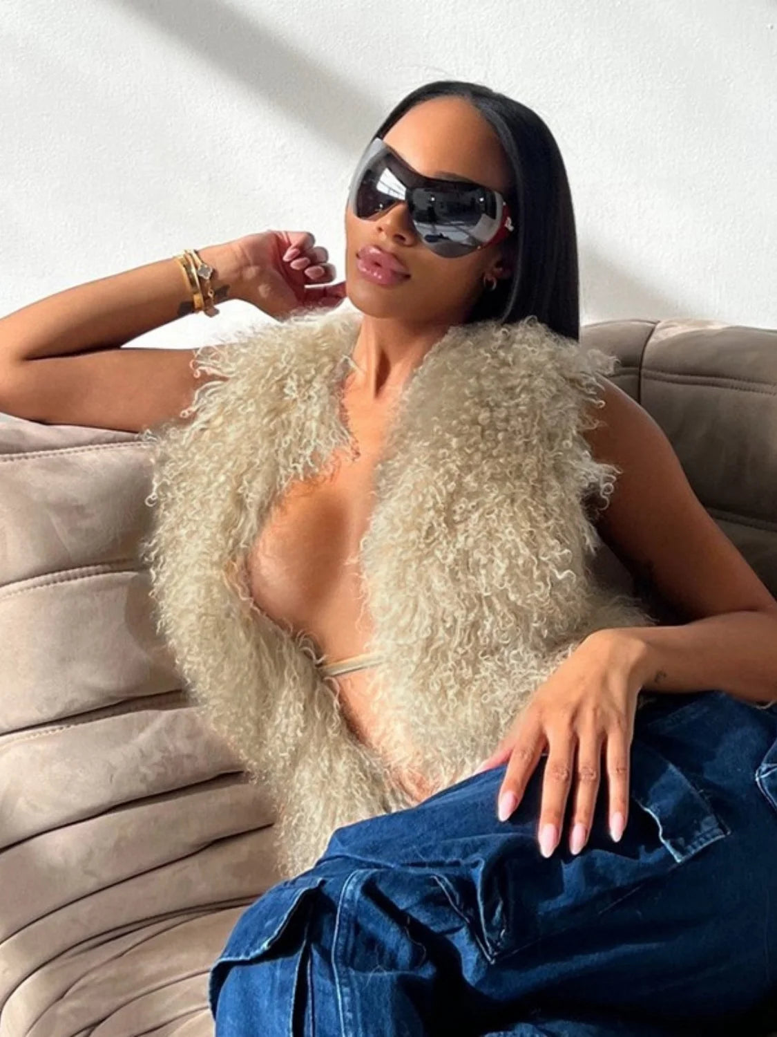 Luxury Mongolian Sheepskin Fur Halter Vest
