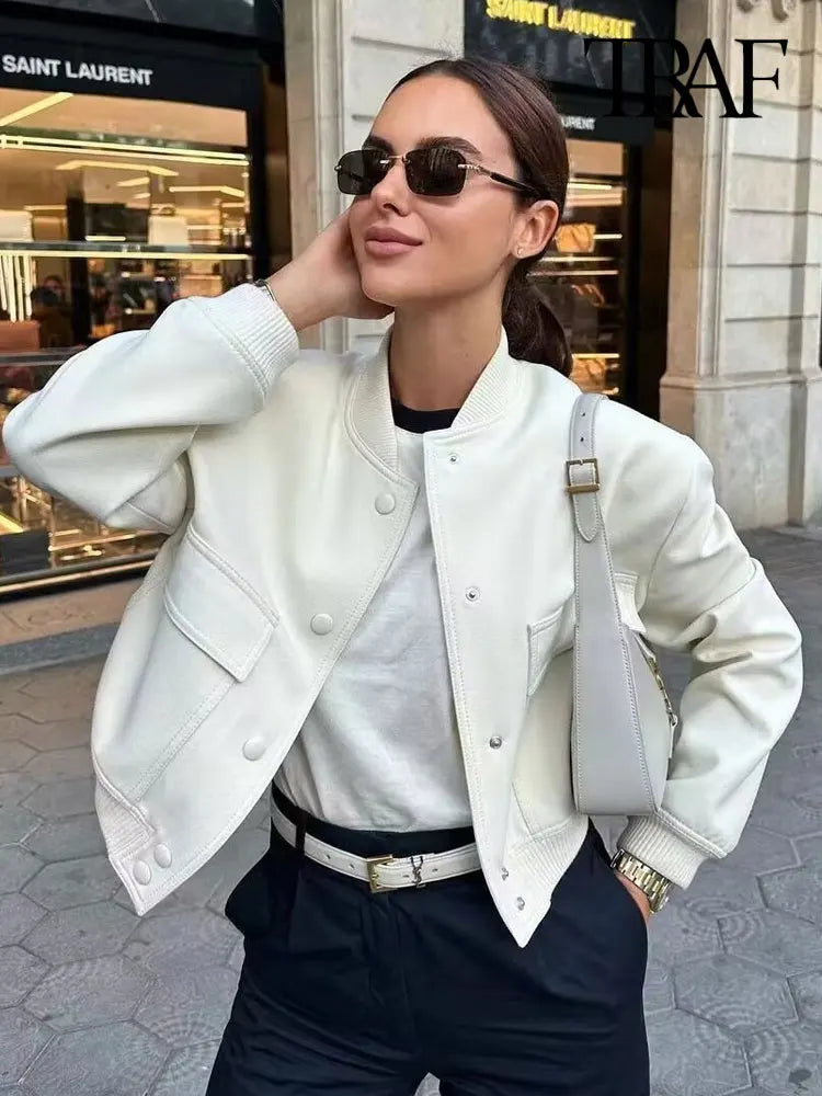 Women's Classic Button-Front Bomber Jacket with Pockets
