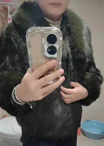 Luxury Real Rex Rabbit Fur Coat with Fox Fur Collar